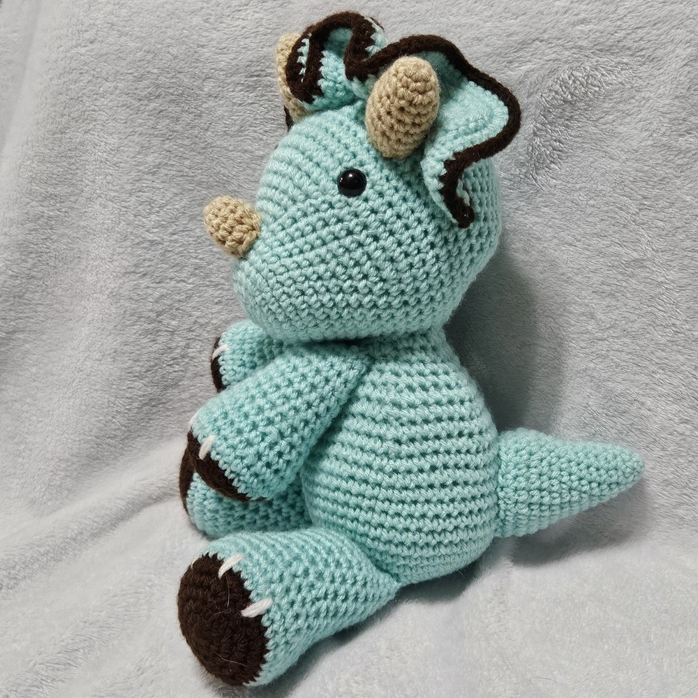 Handmade Crocheted Triceratops‎ Amigurumi Stuffed Toy Dinosaur 15" teal Brown